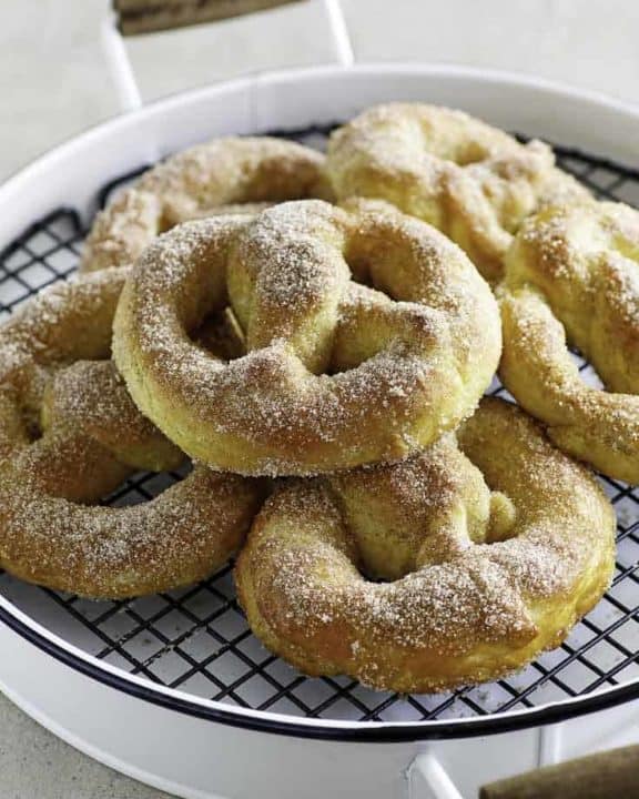 A tray of homemade soft pretzels
