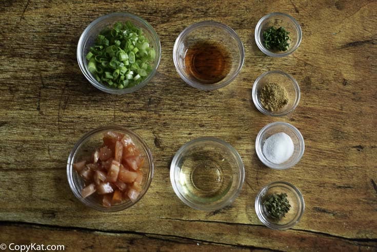 Bowls of salad dressing ingredients, tomatoes, green onions, red wine vinegar, olive oil, oregano and more.