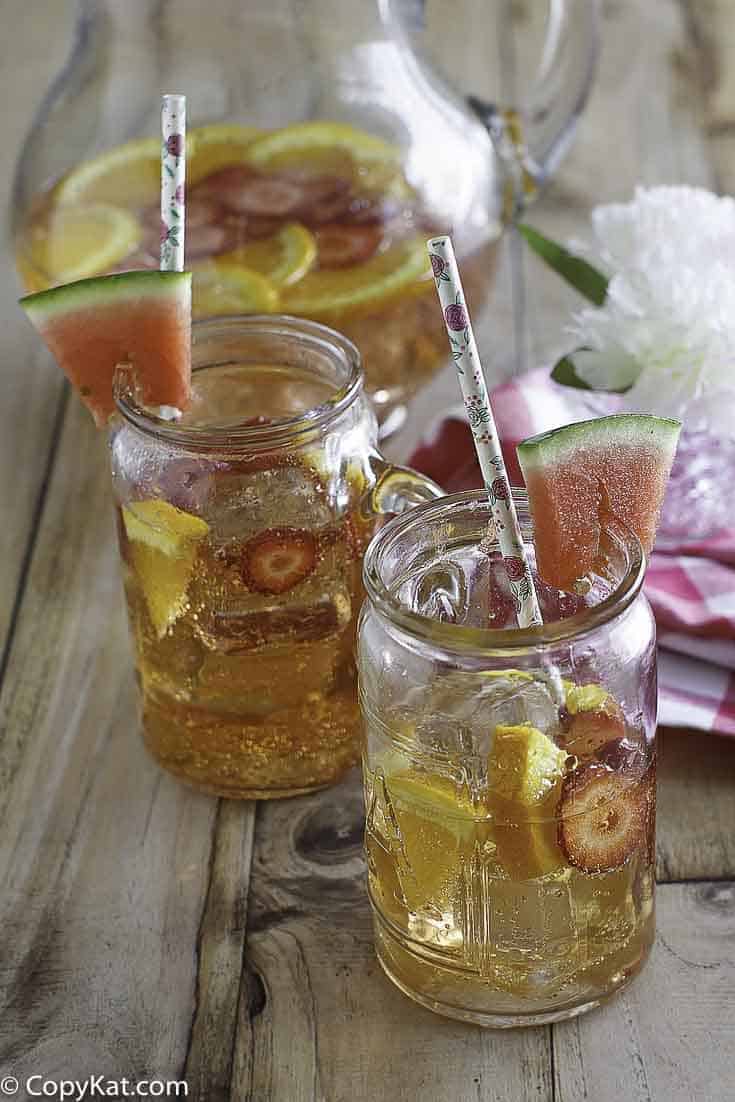 Two glasses of watermelon sangria with fruit