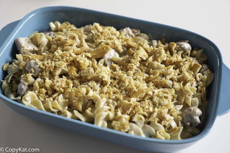 Tuna Mushroom Casserole in a blue baking dish