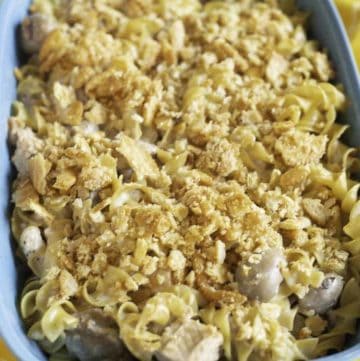 old fashioned tuna mushroom casserole with buttery saltine cracker topping