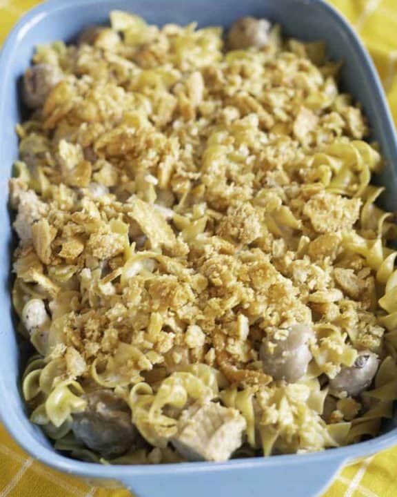 old fashioned tuna mushroom casserole with buttery saltine cracker topping