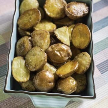 A dish of roasted new potatoes