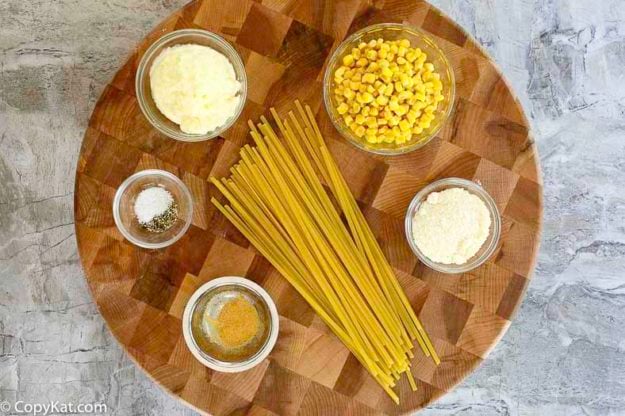 Ingredients for Fettuccine Salad: fettuccine, mayonnaise, parmesan cheese, corn, garlic powder, and more 