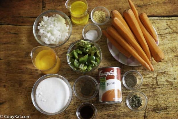 ingredients to make copper penny salad, carrots, onions, tomato soup and more
