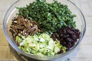 chopped pecans, craisins, kale, brussel sprouts in a bowl