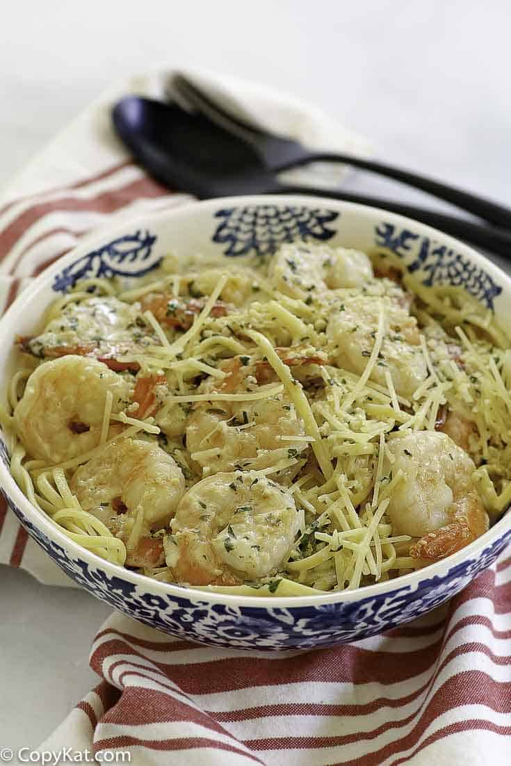 a bowl of homemade Red Lobster shrimp pasta