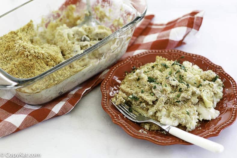 tuna noodle casserole in a baking dish and on a plate