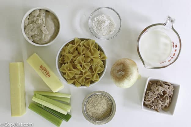 pasta, celery, milk, cream of mushroom soup, and tuna to make tuna casserole