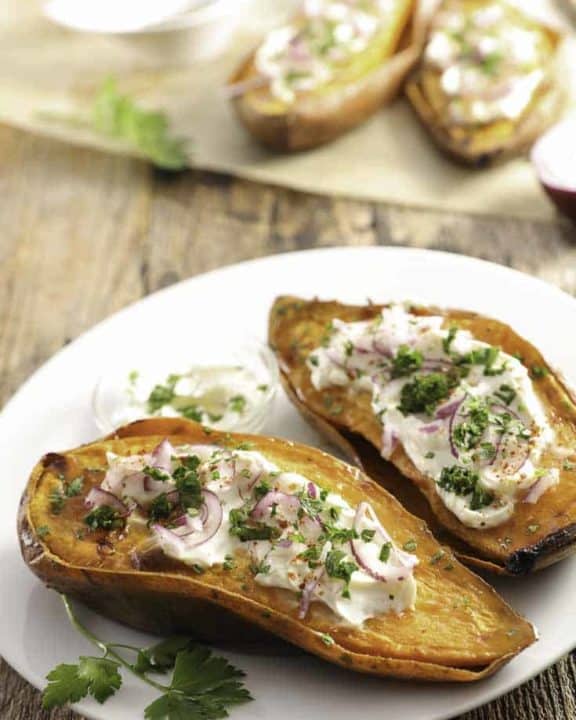 Sweet potatoes topped with sour cream