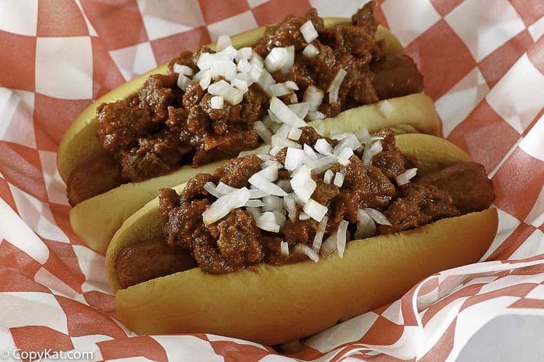 copycat James Coney Island Chili on two hot dogs