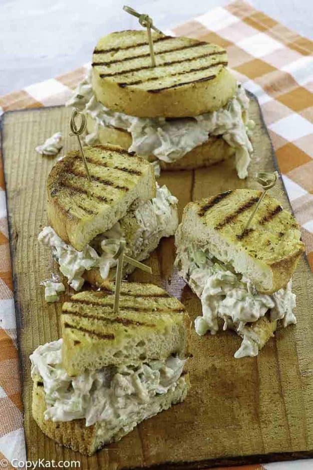 two dark meat chicken salad sandwiches made on garlic bred