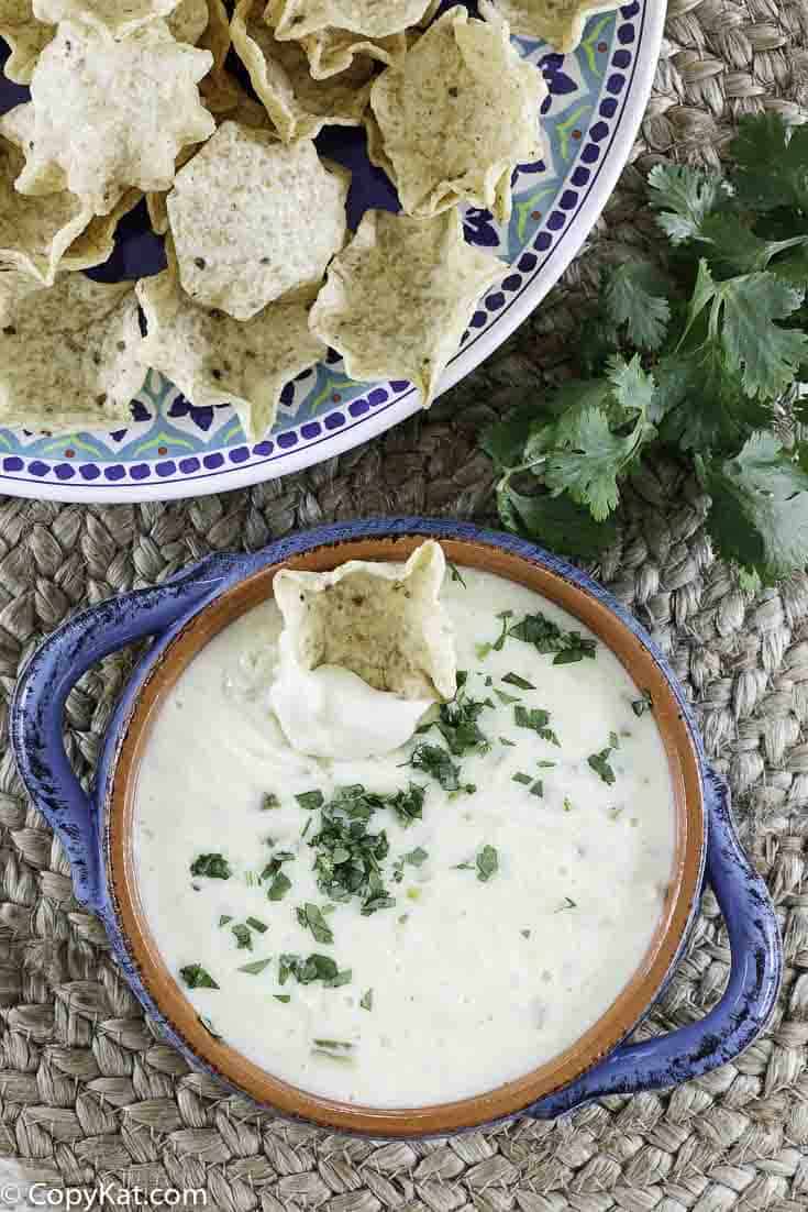 Overhead view of homemade white queso dip.