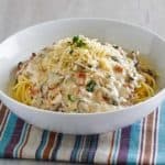 a bowl of homemade Olive Garden spaghetti carbonara