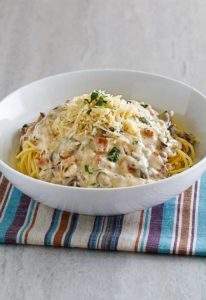 a bowl of homemade Olive Garden spaghetti carbonara