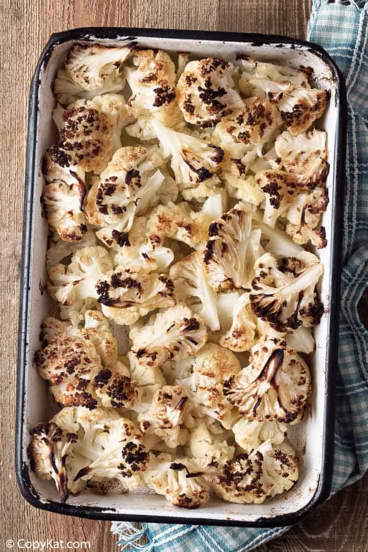 oven roasted cauliflower in a baking dish