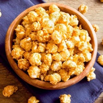 a bowl of homemade crunch and munch caramel popcorn