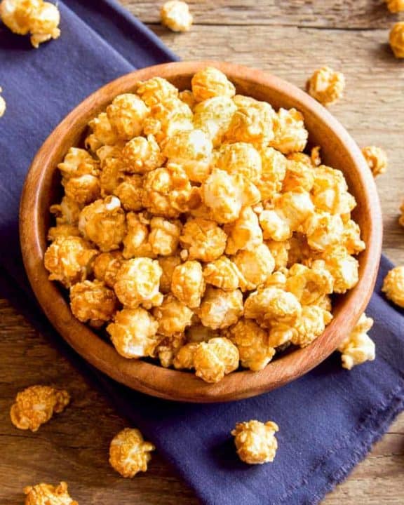a bowl of homemade crunch and munch caramel popcorn