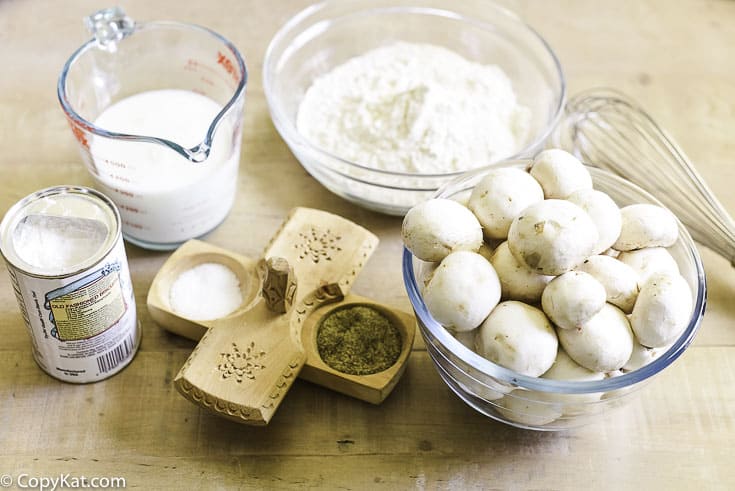 white button mushrooms, flour, buttermilk, and seasonings