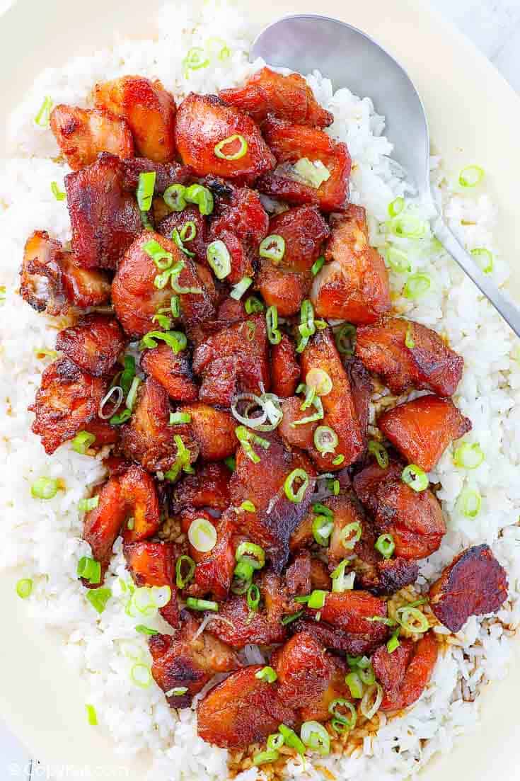 Homemade bourbon chicken on top of rice