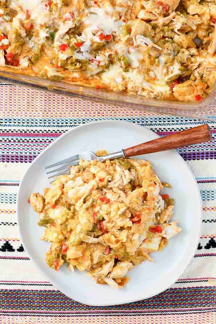 King Ranch Casserole in a baking dish and on a plate