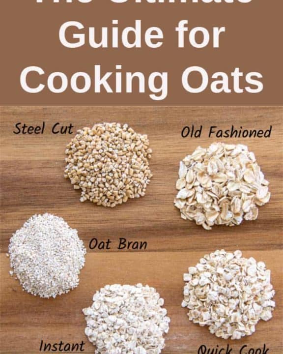 five different types of oatmeal: instant, quick cooking, rolled oats, oat bran