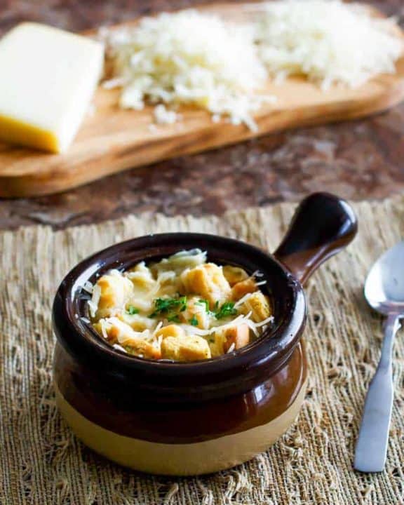 Homemade Panera French Onion Soup in a soup crock