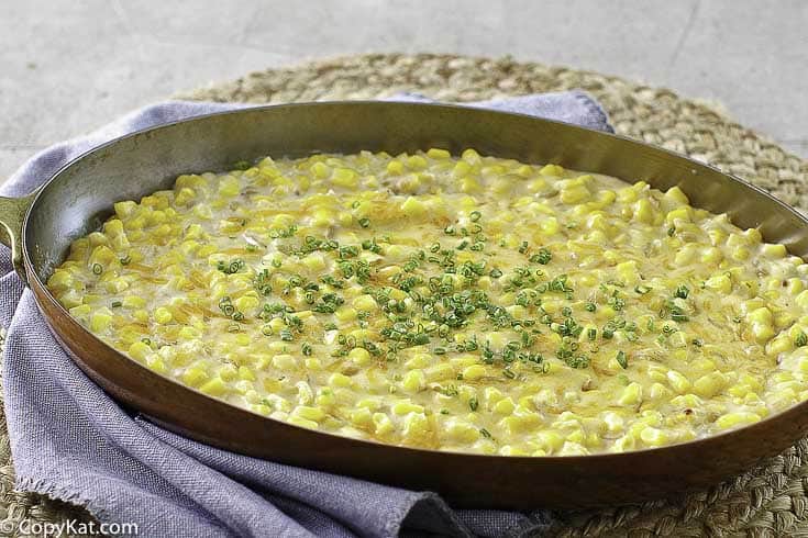 a pan of homemade cheesy creamed corn