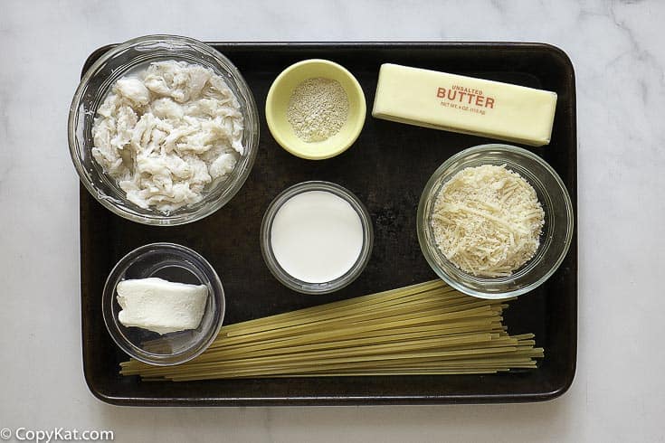 crab, pasta, and alfredo sauce ingredients