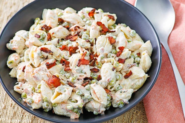 a bowl of homemade Suddenly Salad bacon ranch pasta salad