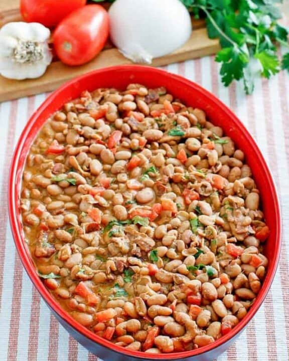 Frijoles a la Charra (charro beans) in a serving dish