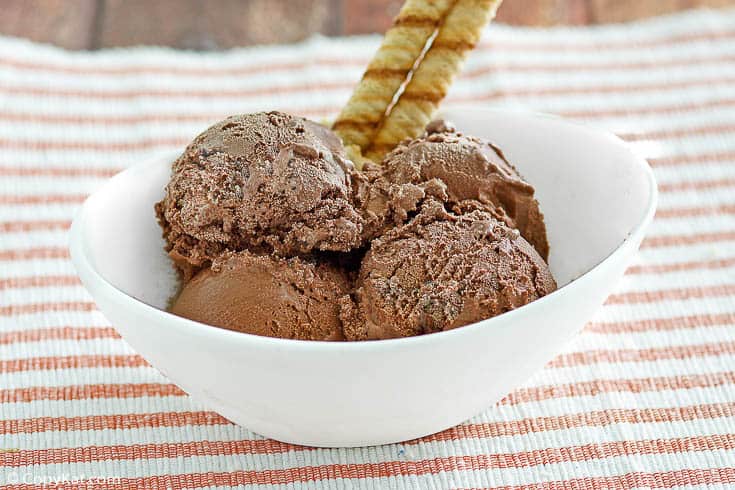 four scoops of homemade chocolate ice cream in a white bowl