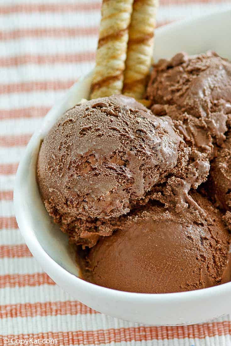 homemade Ben and Jerry's chocolate ice cream in a white bowl