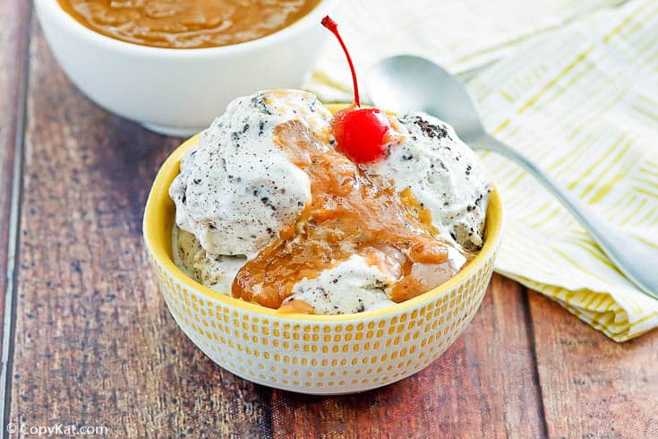 ice cream topped with homemade Friendly's peanut butter sauce