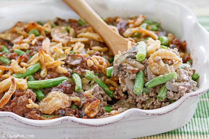 hamburger green bean casserole with French fried onions on top