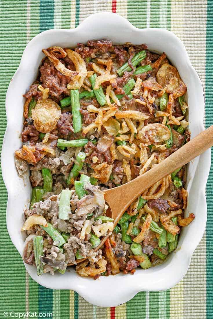 hamburger green bean casserole in a white baking dish