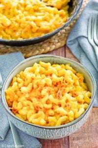 homemade mac and cheese in a blue bowl