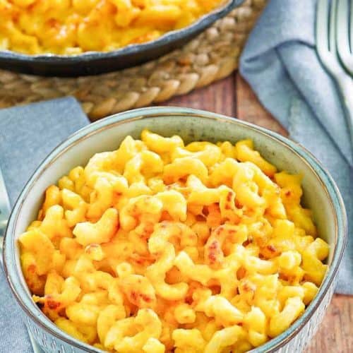 homemade mac and cheese in a blue bowl