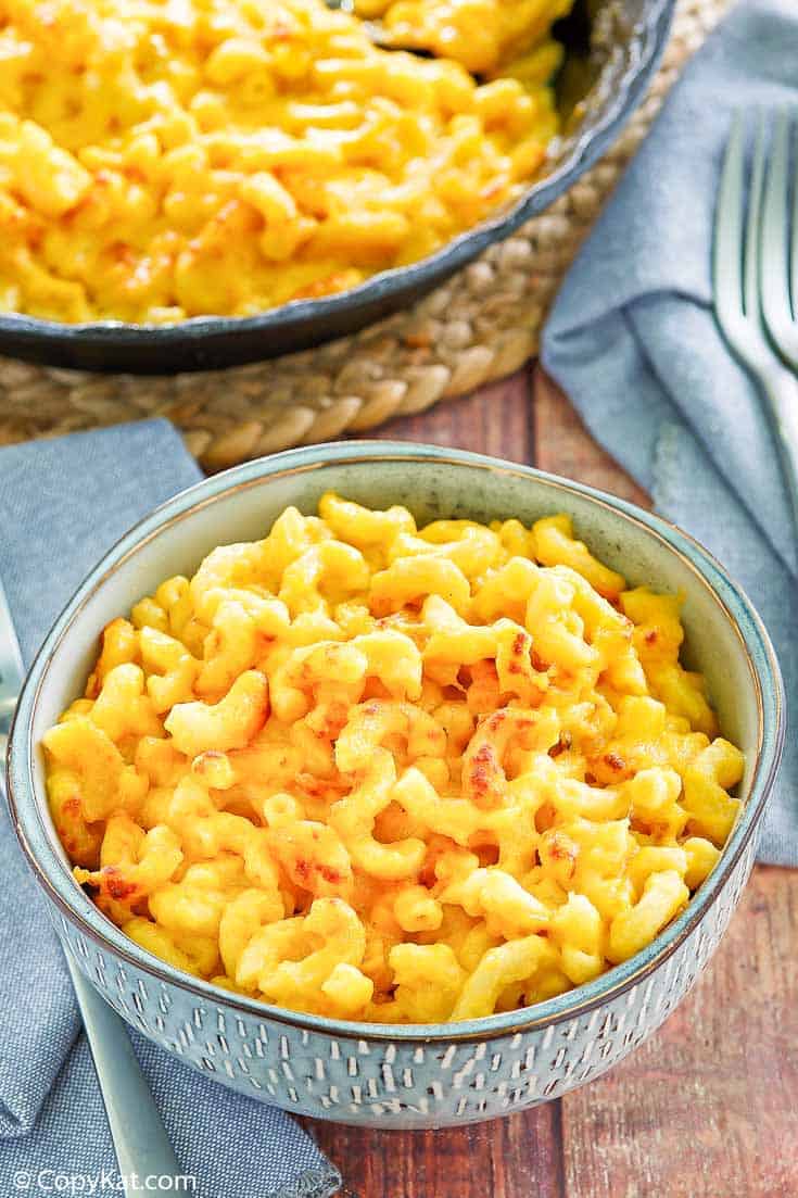 homemade mac and cheese in a blue bowl