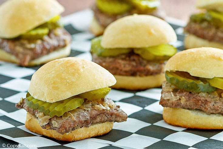 homemade White Castle Hamburgers on black and white parchment paper