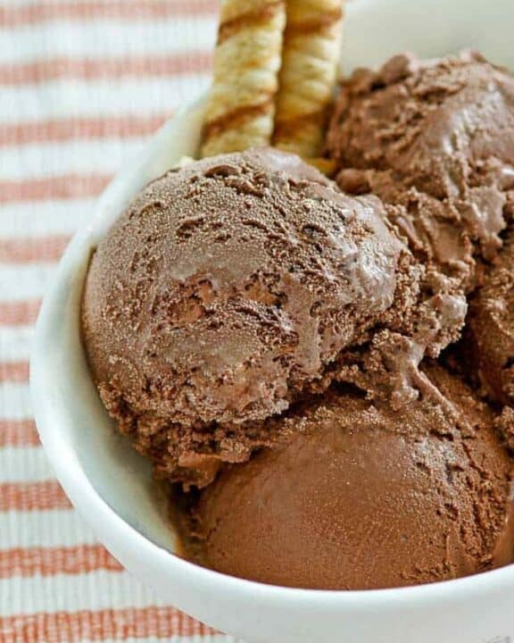 homemade Ben and Jerry's chocolate ice cream in a white bowl