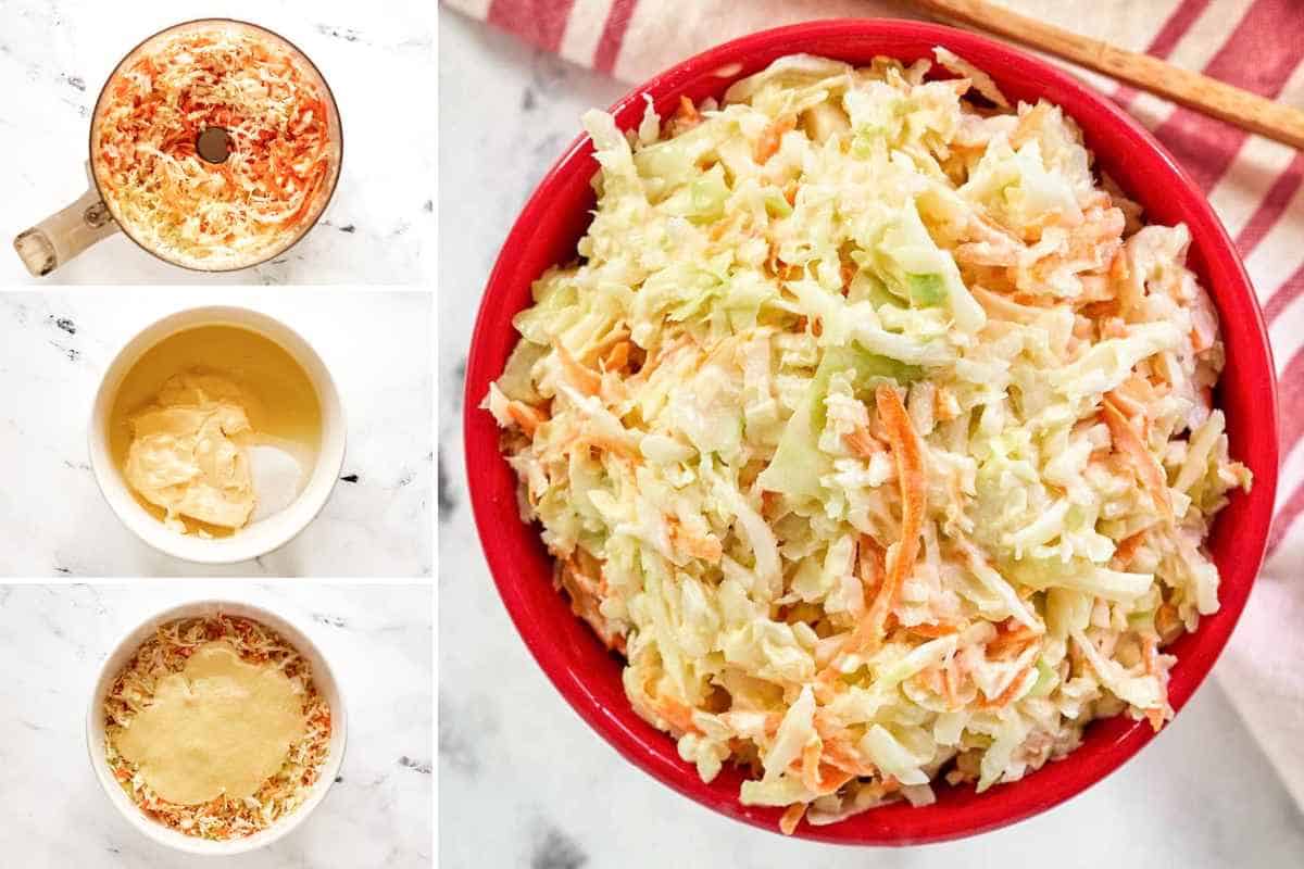 Making creamy cabbage, carrot, and onion slaw.