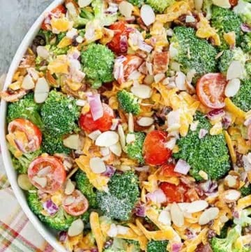 broccoli salad in a large white bowl