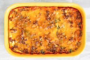 chili relleno casserole with beef in a baking dish