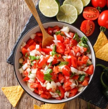 fresh pico de gallo, tortilla chips, lime, tomatoes, and peppers