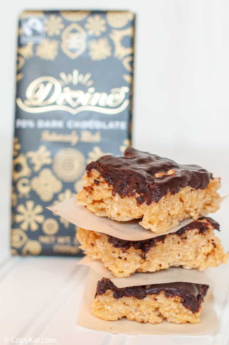 chocolate peanut butter rice krispie treats and a Divine chocolate bar