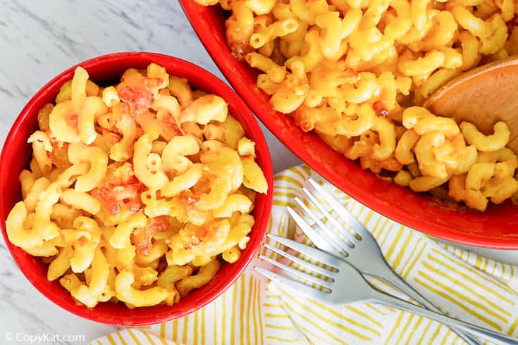 baked macaroni and cheese in a baking dish and small bowl