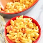 homemade Luby's macaroni and cheese in a pan and bowl