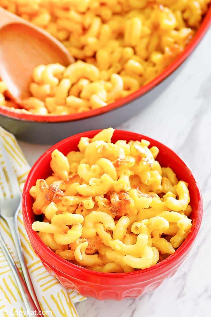 homemade Luby's macaroni and cheese in a pan and bowl