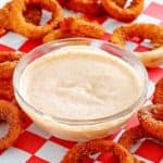 homemade Outback bloomin onion dipping sauce with onion rings
